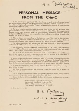 Lot #63 Field Marshal Bernard Law Montgomery's Signed Wartime Personal Messages to the Eighth Army and 21 Army Group — 