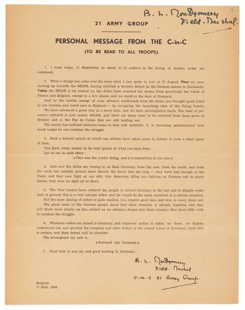 Lot #63 Field Marshal Bernard Law Montgomery's Signed Wartime Personal Messages to the Eighth Army and 21 Army Group — 