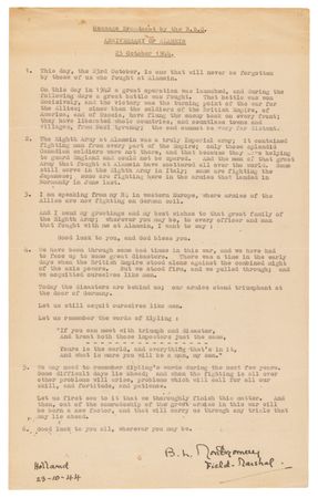 Lot #63 Field Marshal Bernard Law Montgomery's Signed Wartime Personal Messages to the Eighth Army and 21 Army Group — 