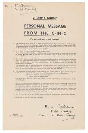 Lot #63 Field Marshal Bernard Law Montgomery's Signed Wartime Personal Messages to the Eighth Army and 21 Army Group — 