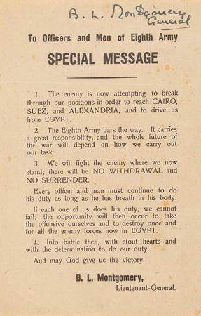 Lot #63 Field Marshal Bernard Law Montgomery's Signed Wartime Personal Messages to the Eighth Army and 21 Army Group — 