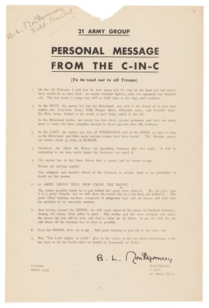 Lot #63 Field Marshal Bernard Law Montgomery's Signed Wartime Personal Messages to the Eighth Army and 21 Army Group — 