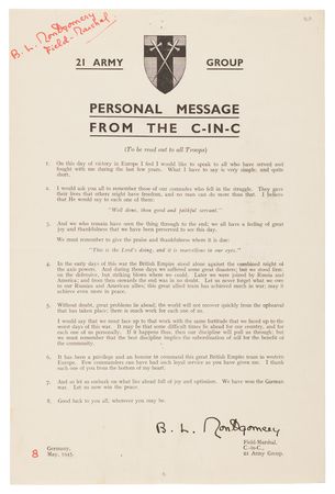 Lot #63 Field Marshal Bernard Law Montgomery's Signed Wartime Personal Messages to the Eighth Army and 21 Army Group — 