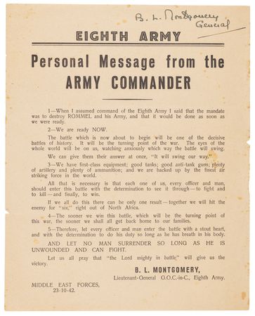 Lot #63 Field Marshal Bernard Law Montgomery's Signed Wartime Personal Messages to the Eighth Army and 21 Army Group — 