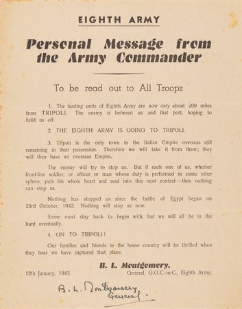 Lot #63 Field Marshal Bernard Law Montgomery's Signed Wartime Personal Messages to the Eighth Army and 21 Army Group — 