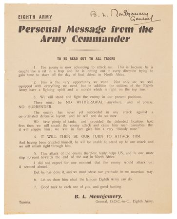 Lot #63 Field Marshal Bernard Law Montgomery's Signed Wartime Personal Messages to the Eighth Army and 21 Army Group — 