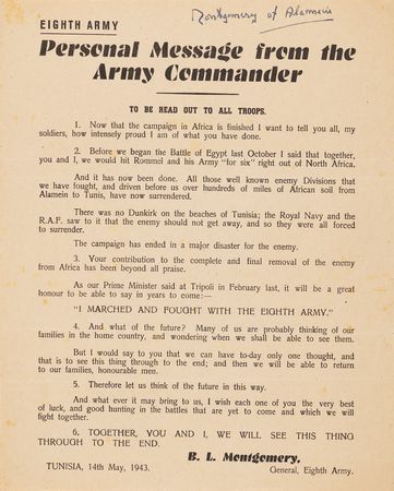 Lot #63 Field Marshal Bernard Law Montgomery's Signed Wartime Personal Messages to the Eighth Army and 21 Army Group — 