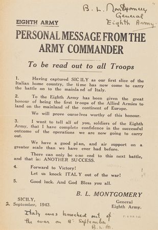 Lot #63 Field Marshal Bernard Law Montgomery's Signed Wartime Personal Messages to the Eighth Army and 21 Army Group — 