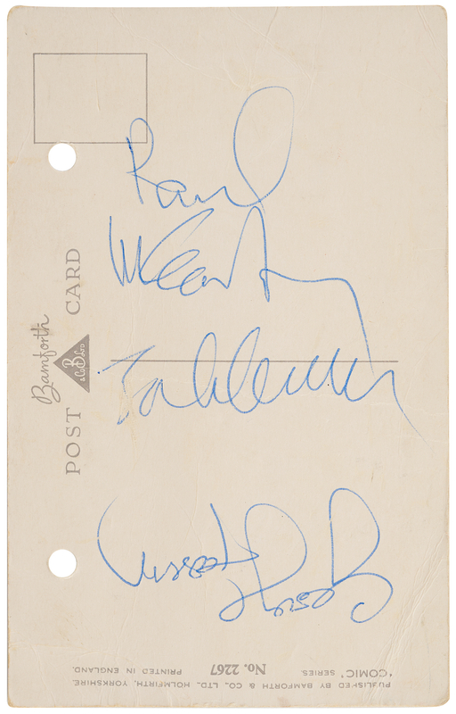 Lot 7013 Beatles: John Lennon, Paul McCartney, and George Harrison Signed Postcard - Two Days Before the Death of Brian Epstein