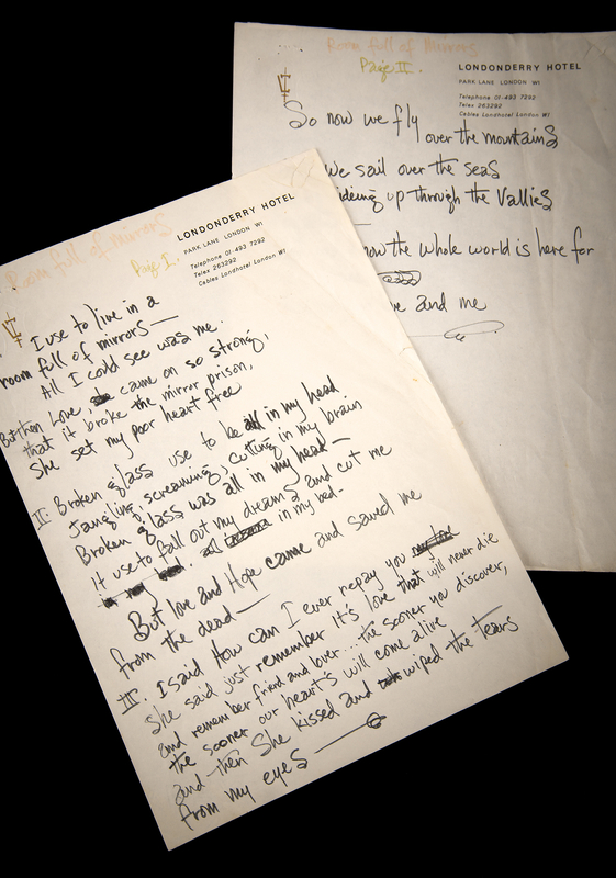 Lot 7100 Jimi Hendrix Handwritten Working Lyrics for 'Room Full of Mirrors'