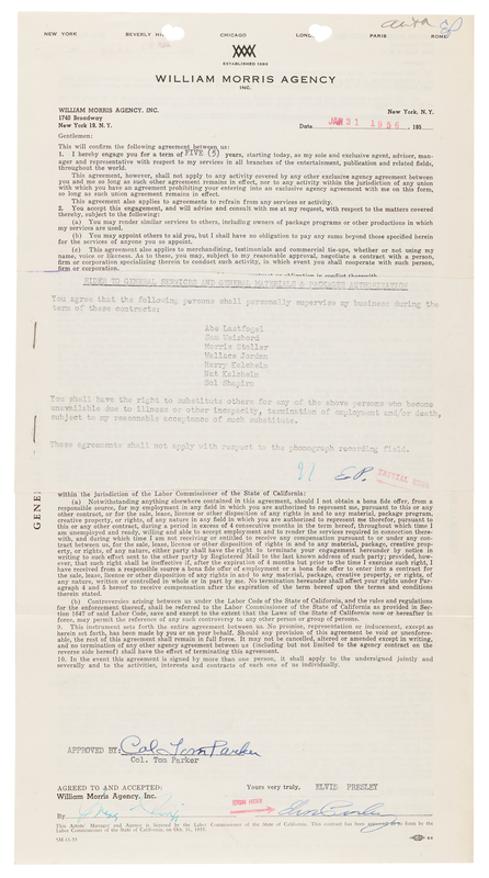 Lot 7253 Elvis Presley and Colonel Tom Parker Twice-Signed Document - William Morris Agency Contract