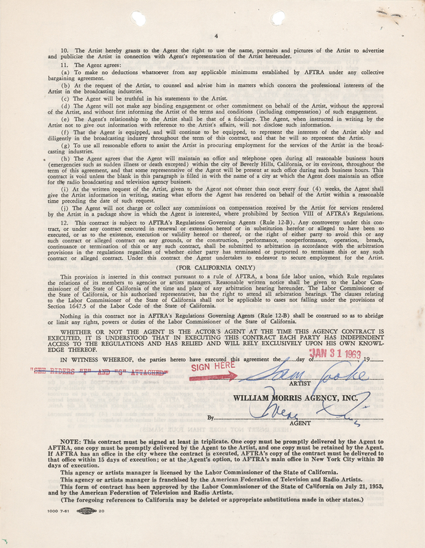 Lot 7256 Sam Cooke Document Signed - William Morris Agency Contract