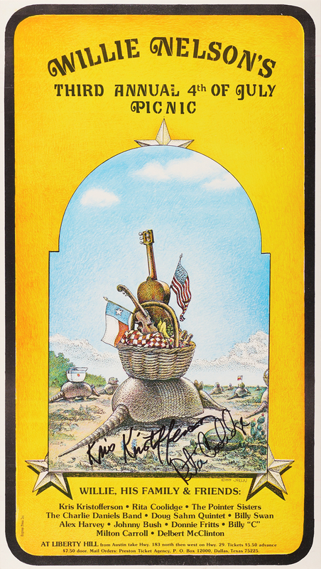 Lot 7359 Kris Kristofferson and Rita Coolidge Signed 1975 Concert Poster for Willie Nelson's Third Annual 4th of July Picnic (9.75˝ x 17.5˝)