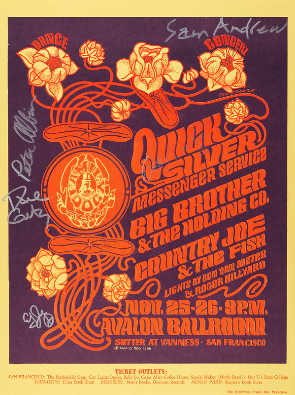 Lot 7287 Big Brother and the Holding Company, Quicksilver Messenger Service, and Country Joe Signed 1966 Avalon Ballroom Concert Poster