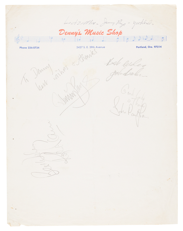 Lot 7220 Led Zeppelin Signatures (1968) - Signed for a Portland Musical Instrument Dealer
