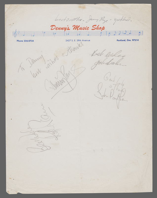 Lot 7220 Led Zeppelin Signatures (1968) - Signed for a Portland Musical Instrument Dealer