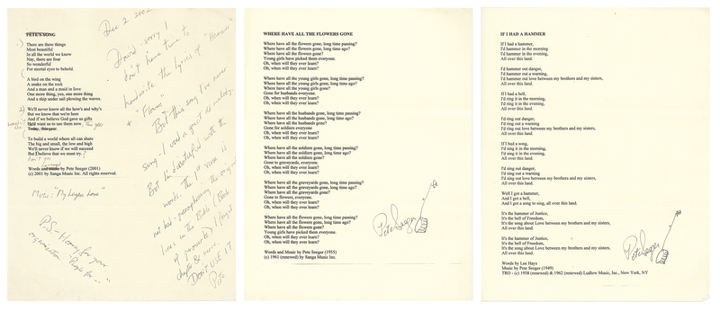 Lot 7259 Pete Seeger (3) Signed Items - Letter and Lyric Sheets