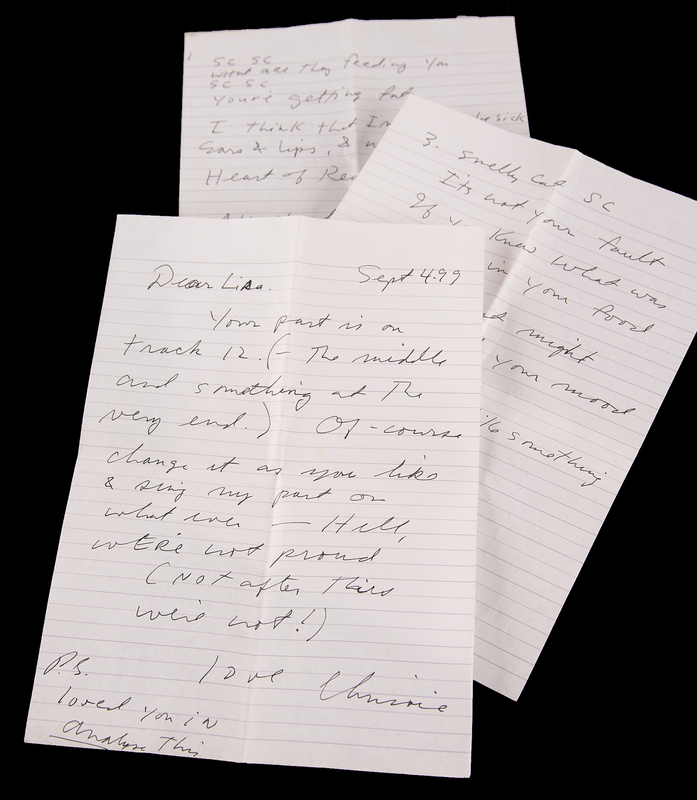 Lot 7410 The Pretenders: Chrissie Hynde Autograph Letter Signed to Friends Actress Lisa Kudrow, Sending Her Handwritten Lyrics to the Show’s Iconic Song, ‘Smelly Cat’