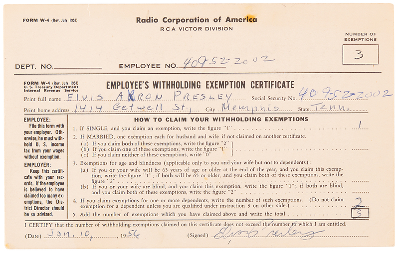 Lot 7251 Elvis Presley Document Signed on the Day He Recorded 'Heartbreak Hotel'
