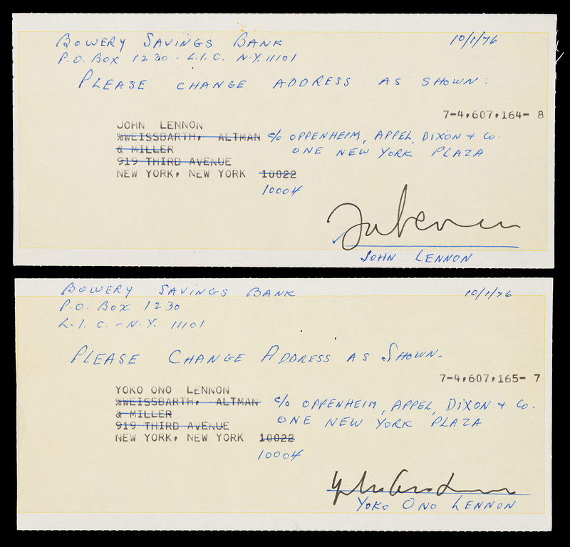 Lot 7018 John Lennon and Yoko Ono Signed New York Bank Documents (1976) - Approving Address Changes for Their Financial Managers