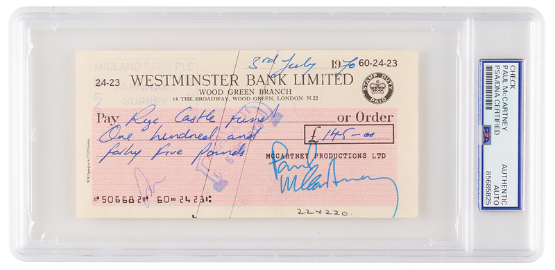 Lot 7024 Paul McCartney Signed 'McCartney Productions Ltd.' Business Check - Three Months After Announcing His Beatles Departure