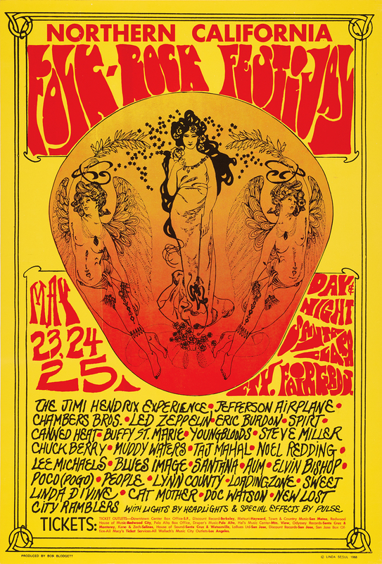 Lot 7108 Jimi Hendrix and Led Zeppelin: 1969 Annual Northern California Folk-Rock Festival Poster (14˝ x 20.5˝)