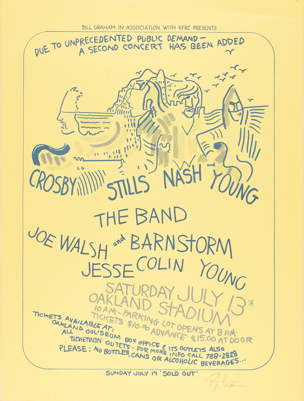 Lot 7344 Crosby, Stills, Nash, and Young 1974 Oakland Stadium Concert Poster, Signed by Artist Randy Tuten (17.5˝ x 23˝)