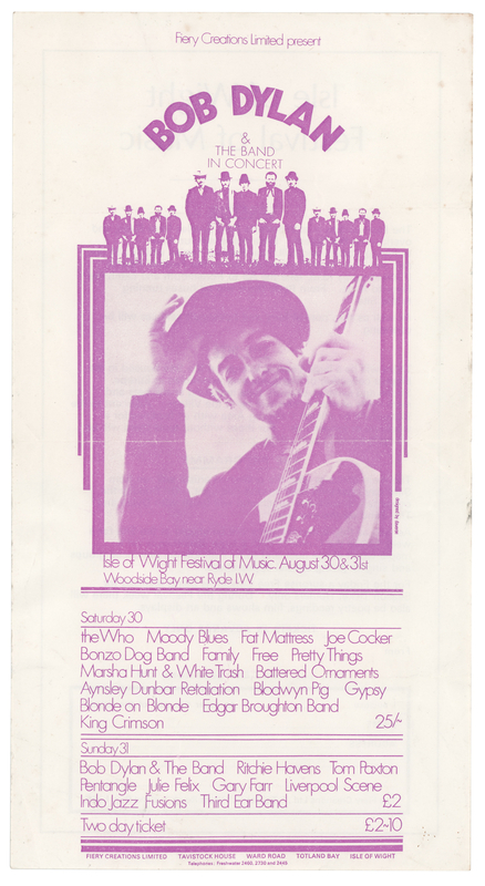 Lot 7098 Bob Dylan and The Who 1969 Isle of Wight Festival Flyer