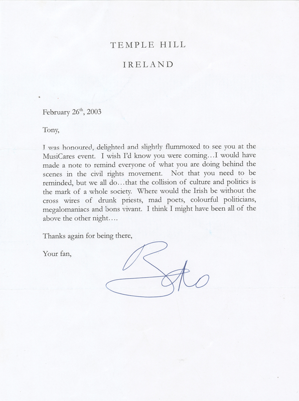 Lot 7412 U2: Bono Typed Letter Signed to Tony Bennett
