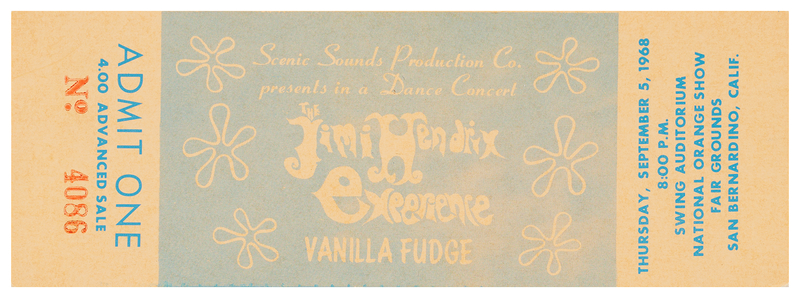 Lot 7105 Jimi Hendrix Experience and Vanilla Fudge 1968 Concert Ticket (Swing Auditorium, San Bernardino)