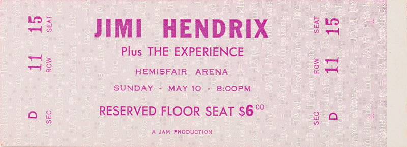 Lot 7106 Jimi Hendrix Experience 1970 Concert Ticket (Hemisfair Arena, San Antonio)