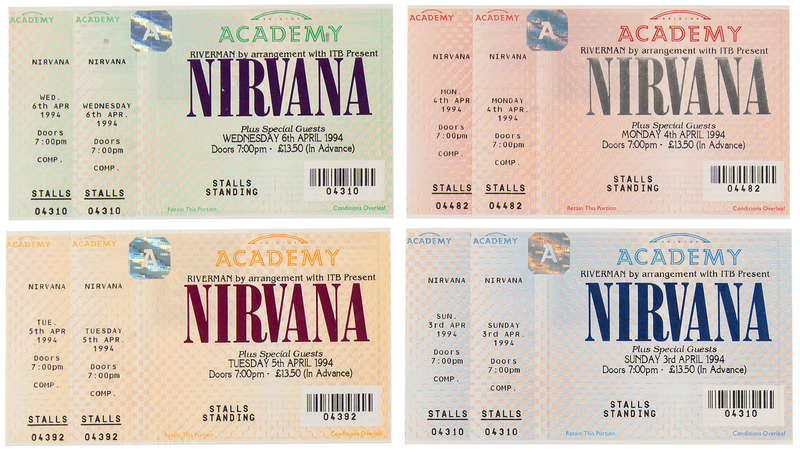 Lot 7463 Nirvana Complete Set of (4) Unused Concert Tickets for Brixton Academy (April 3-6, 1994)