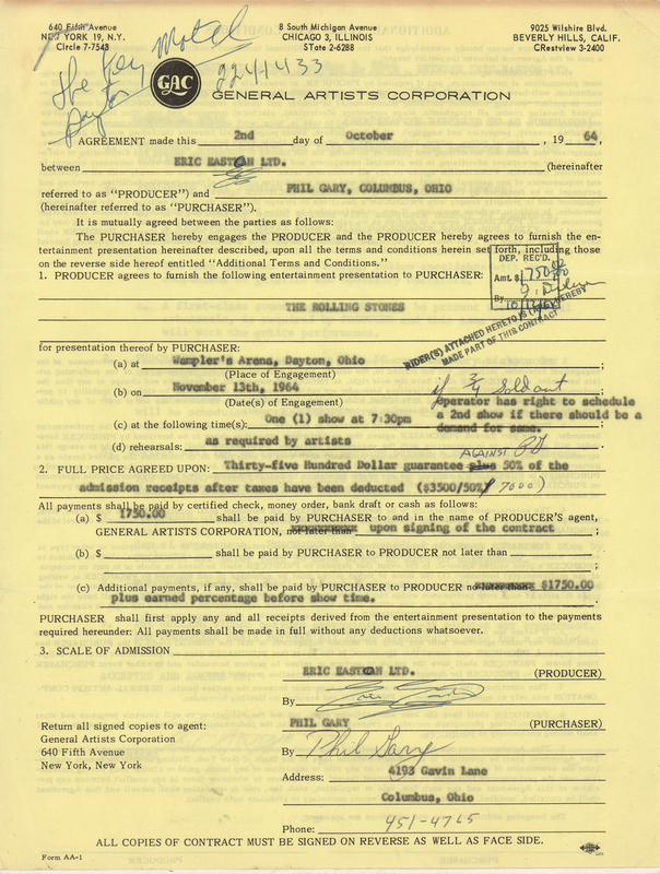 Lot 7136 Rolling Stones Early Concert Agreement (Wampler's Hara Arena on November 13, 1964) with Anti-Segregation Rider