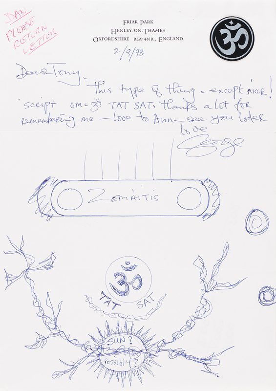 Lot 7028 George Harrison Autograph Letter Signed to Luthier Tony Zemaitis with Detailed Guitar 'Om Tat Sat' Sketch