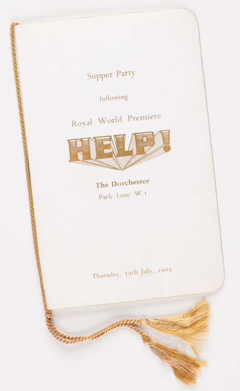 Lot 7050 Beatles Original 'HELP! Premiere' Dinner Menu (Dorchester Hotel, July 29, 1965)