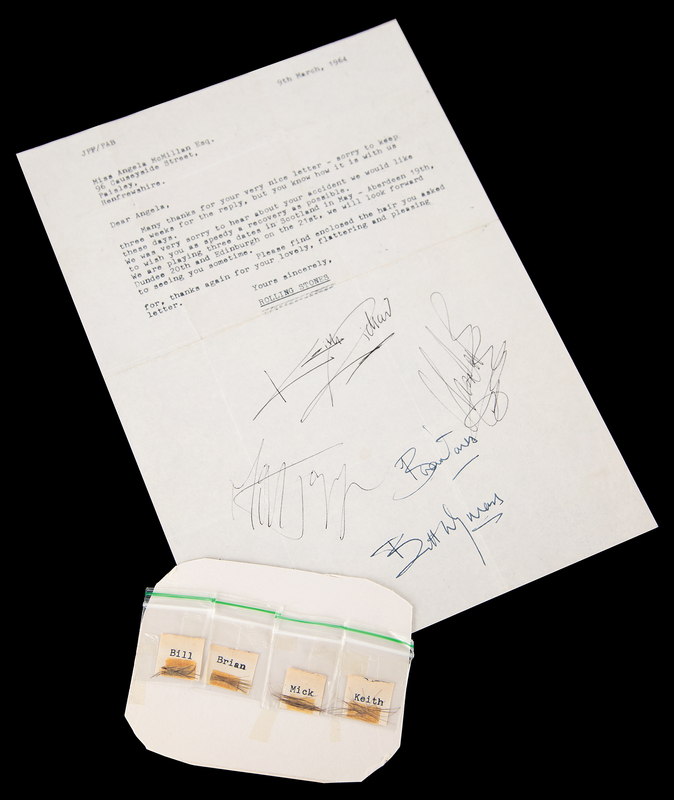 Lot 7115 Rolling Stones Early Typed Letter Signed by Mick Jagger, Keith Richards, Charlie Watts, and Bill Wyman, with (4) Bags of 'Band Hair'