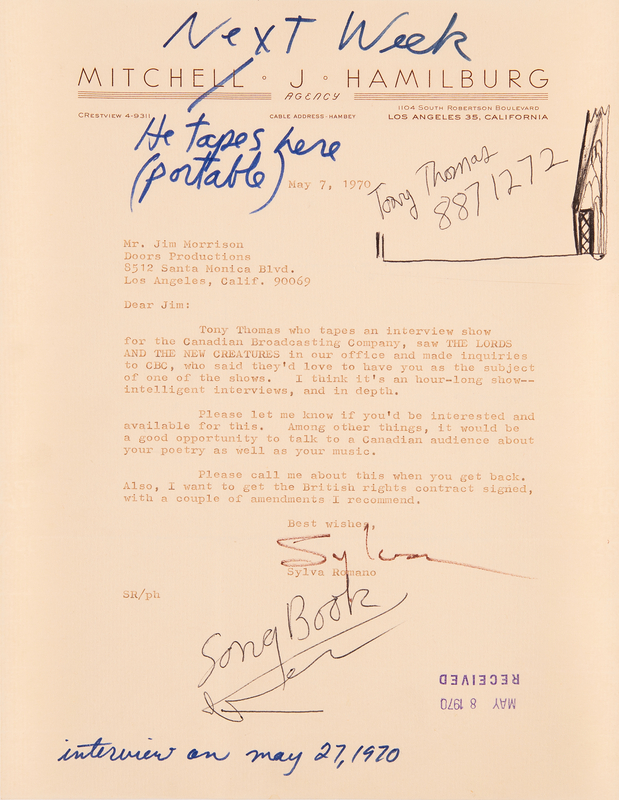 Lot 7153 Jim Morrison Handwritten Notes and Doodle - Agreement for an Interview with Tony Thomas of CBC Radio (May 7, 1970)