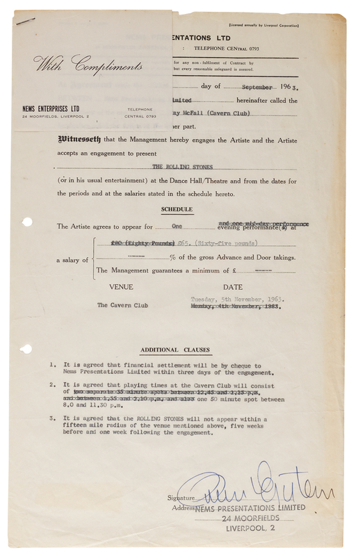 Lot 7124 Brian Epstein Signed NEMS Contract for the Only Cavern Club Performance of 'The Rolling Stones' (November 5, 1963)