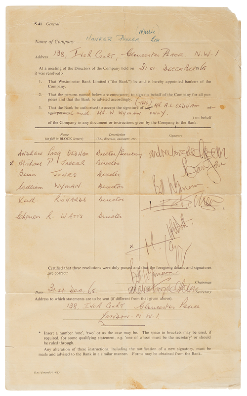 Lot 7123 Rolling Stones Band-Signed ‘Nanker Phelge Music Ltd.’ Banking Resolution Document, Cosigned by Manager Andrew Loog Oldham (December 31, 1965)