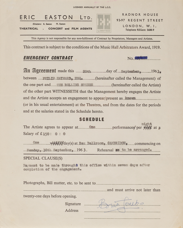 Lot 7122 Brian Jones Signed 'Emergency Contract' for a Rolling Stones Concert - Dated to Their First Concert Tour (September 30, 1963)
