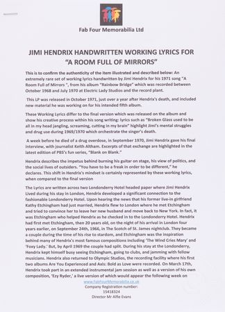 Lot #7100 Jimi Hendrix Handwritten Working Lyrics for 'Room Full of Mirrors' - Image 4