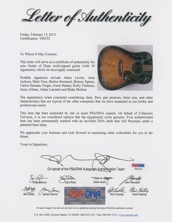 Lot #7408 Guitar of Hope Signed by (50) Celebrities, including Taylor Swift, Britney Spears, and Barbra Streisand - Image 11