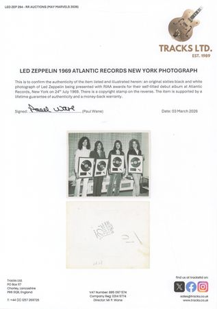 Lot #7229 Led Zeppelin Vintage 1969 'RIAA Gold Record' Photograph - Image 3
