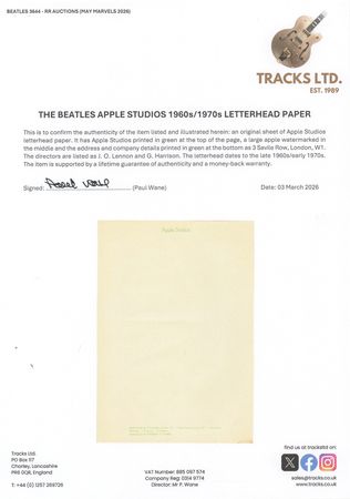 Lot #7061 Apple Studios Vintage Letterhead (Late 1960s/Early 1970s) - Image 2