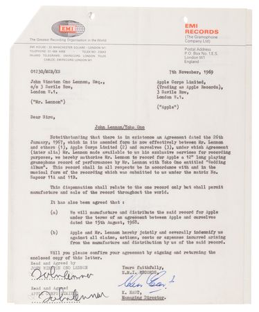 Lot #7016 John Lennon Twice-Signed Contract with EMI Records for the 1969 Lennon-Ono Release, 'Wedding Album' - Image 2