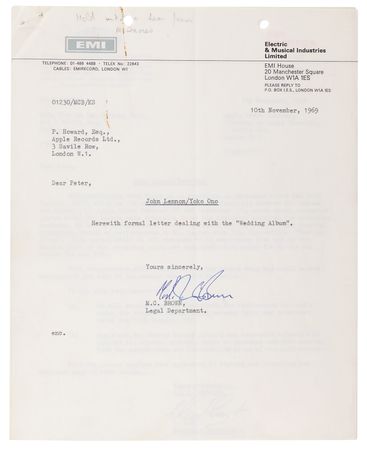 Lot #7016 John Lennon Twice-Signed Contract with EMI Records for the 1969 Lennon-Ono Release, 'Wedding Album' - Image 3