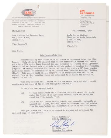 Lot #7016 John Lennon Twice-Signed Contract with EMI Records for the 1969 Lennon-Ono Release, 'Wedding Album' - Image 4