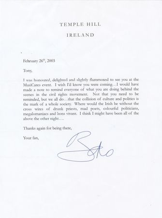 Lot #7412 U2: Bono Typed Letter Signed to Tony