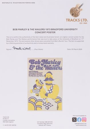 Lot #7320 Bob Marley and The Wailers 'Canceled' Concert Poster (University of Bradford, November 17, 1973) - 20˝ x 30˝ - Image 2