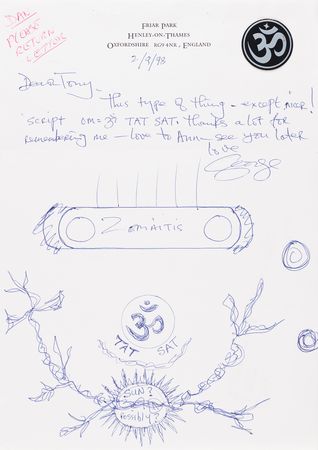 Lot #7028 George Harrison Autograph Letter Signed to Luthier Tony Zemaitis with Detailed Guitar 'Om Tat Sat' Sketch - Image 1